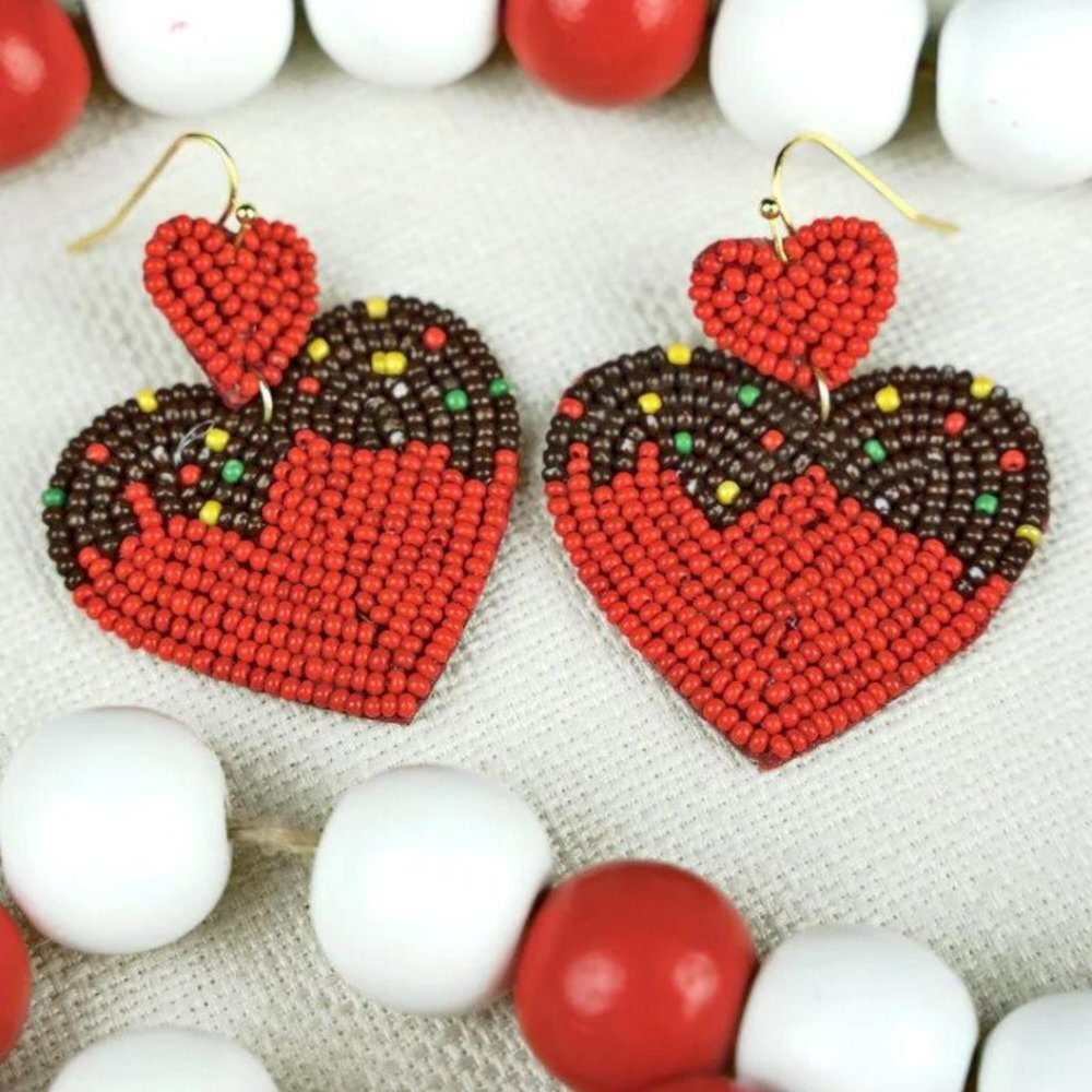 ICON Red Heart Valentine Shaped Seed Bead Statement Earrings NWT - Picture 1 of 5